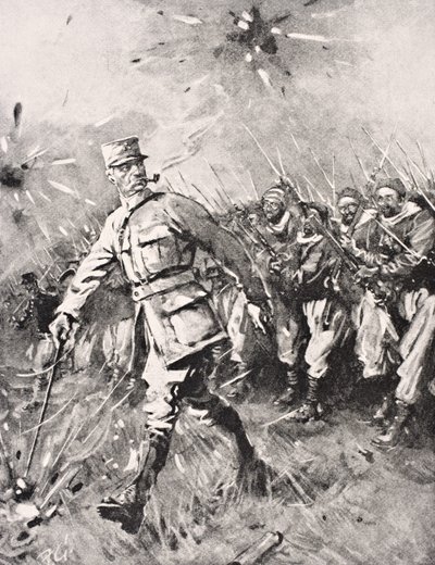 Major Jean-Baptiste Marchand, Pfeife im Mund, Stock in der Hand, führt Zouave- und marokkanische Einheiten gegen den deutschen Feind an der Westfront 1915, aus 